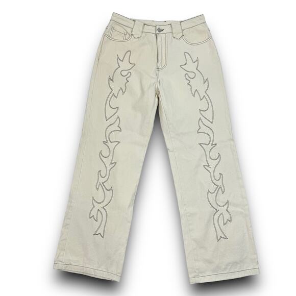 Et Clet Lightweight Denim Embroidered Jeans Wide Leg Western Cream Brown Medium - Picture 2 of 9